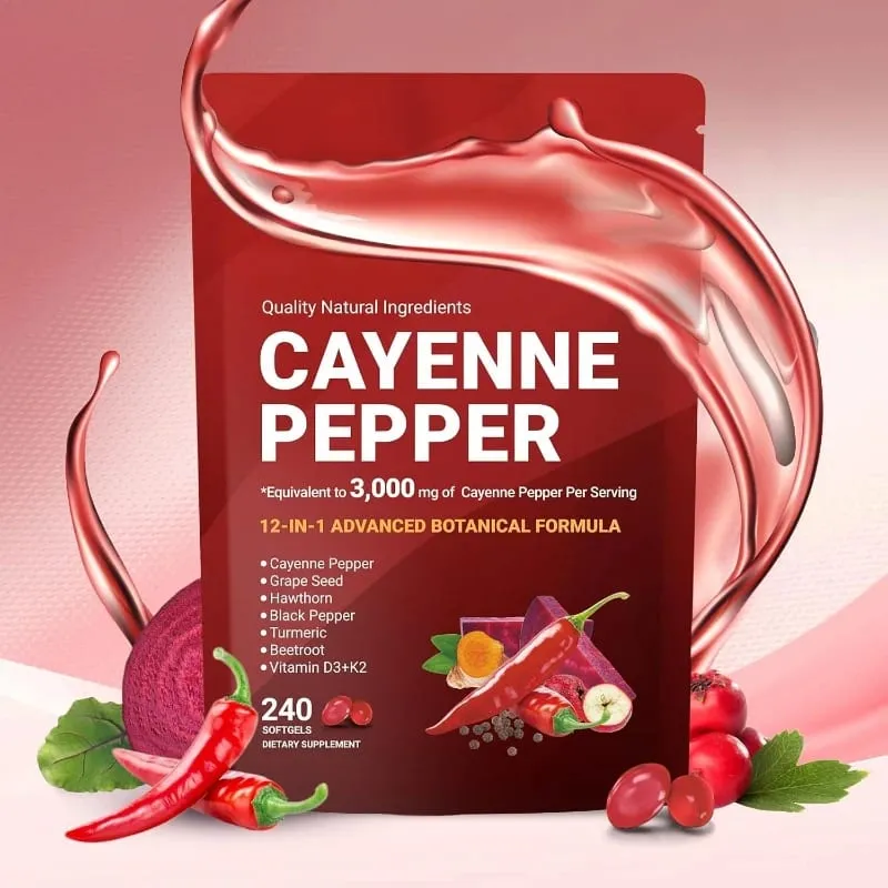 Supplément de gélules au poivre de Cayenne avec pépins de raisin betterave curcuma vitamines D3 K2 à base de plantes soutient la santé des vaisseaux sanguins des veines des jambes