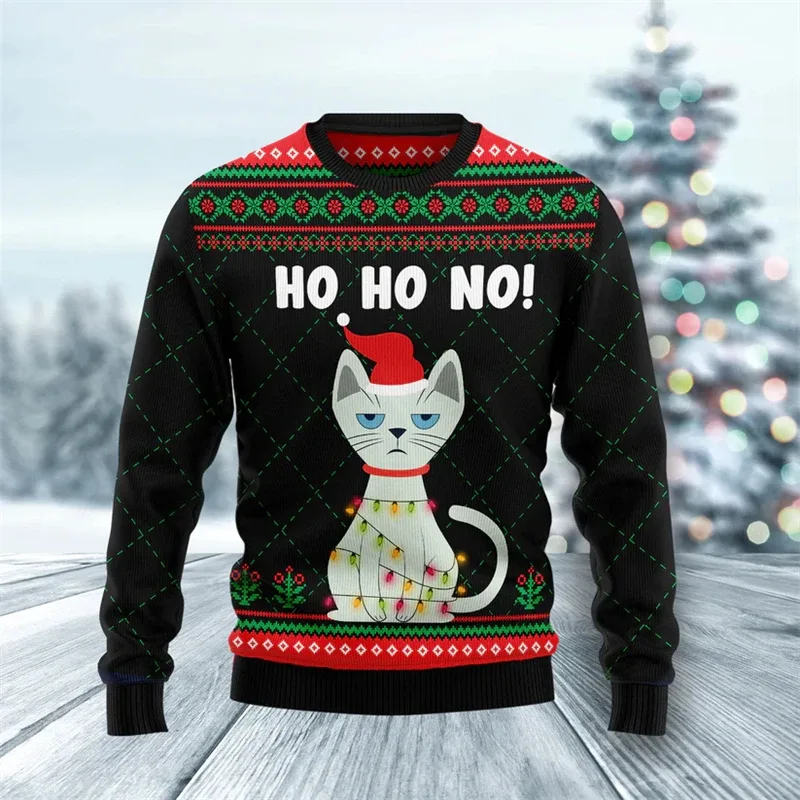 2026 New Funny Cat Pattern Ugly Christmas Sweater Fashion Autumn Crewneck 3D Printed Xmas Sweatshirts Casual Oversized Pullovers