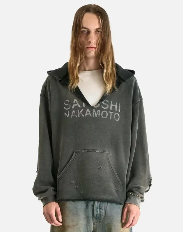 26SS Autumn Winter New Arrival Satoshi Nakamoto Hooded Sweatshirts Destructo Studded Washed Cotton Hooded Unisex Pullover — image 10