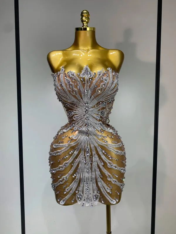 Women Sexy Strapless Rhinestones Mini Dress Performance Costume See Through Stage Dancer Club Evening Party Birthday Dress