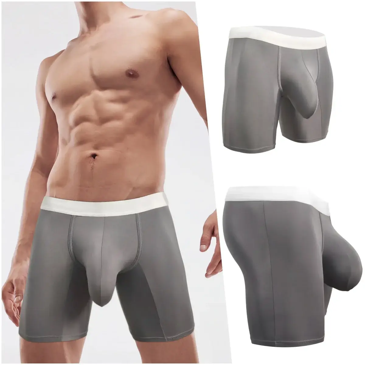 Mens Cool Ice Silk Boxer Briefs Extra Deep Pouch Breathable Long Running Sport Gym Underwear Anti Chafe Free Soft Trunks