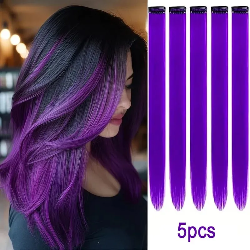 22Inch Synthetic Long Straight 5pcs Clip in Hair Extension Colored Rainbow Hairpieces for Women Daily Use — image 8