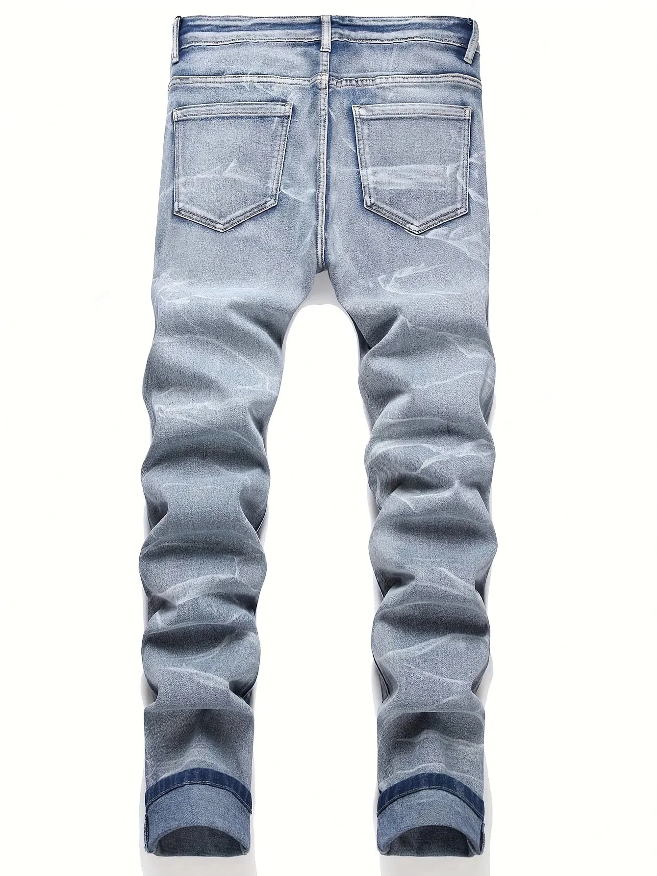 Men's Stretchy Denim Jeans Streetwear Tearing Patchwork Holes Ripped Denim Elastic Waist Casual Pants Slim Fit Straight Trousers — image 3