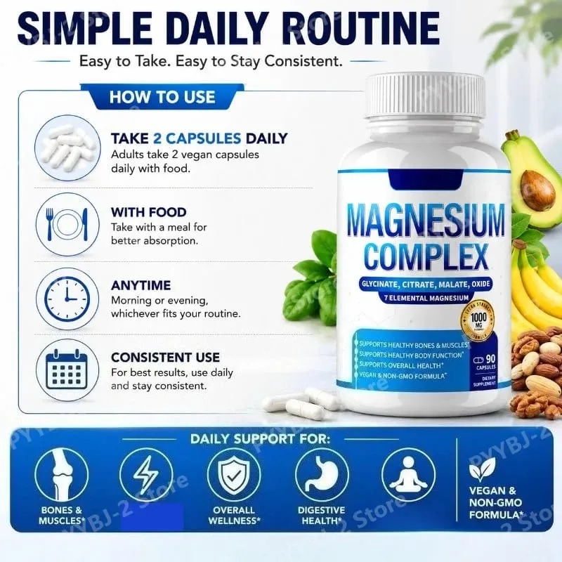 Magnesium Complex Supplement 90 Count with 7Forms of Magnesium Glycinate Citrate Malate Orotate Taurate Daily Mineral Support