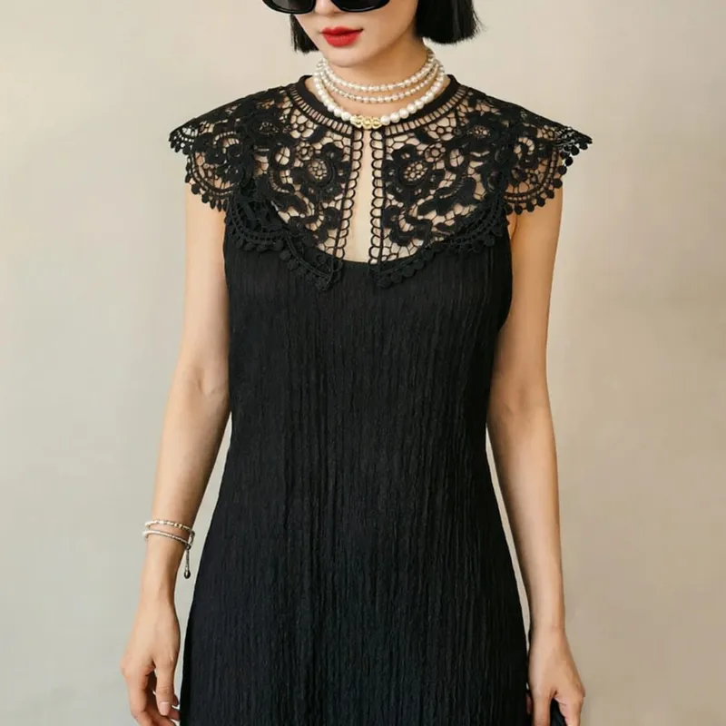 Pleated Sleeveless Elastic Long Dresses Women Vintage Palace Style Womens Black White Doll Fake Collar Soft Midi Dress Clothing — image 19