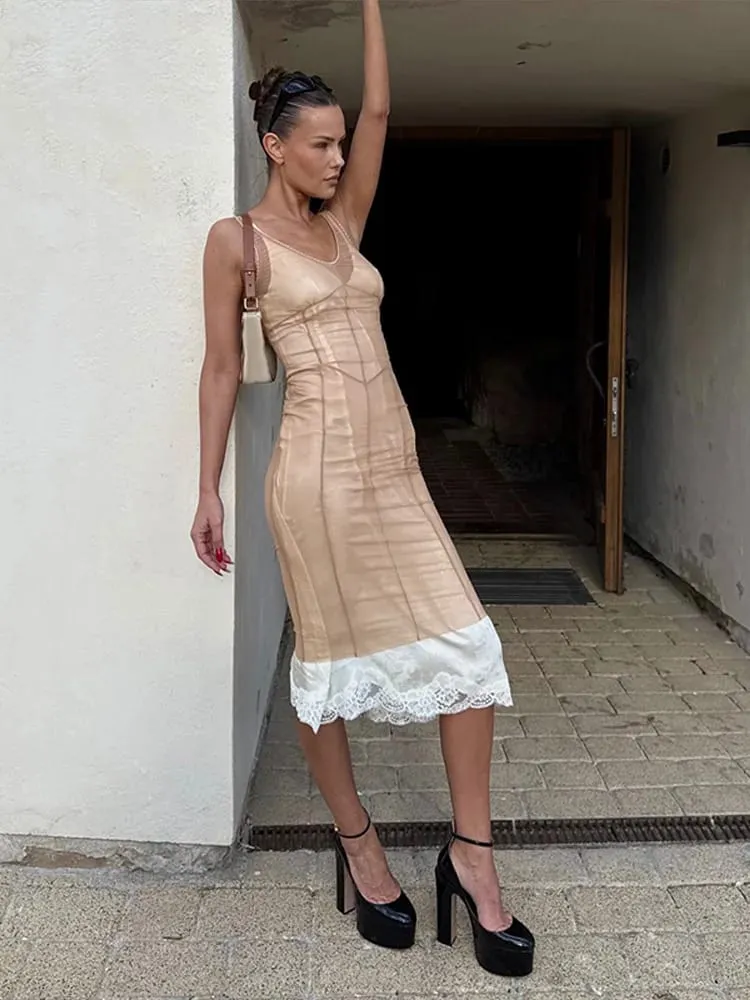 Sheer Mesh Overlay Spaghetti Strap Midi Dress Waist Cinched Sleeveless 2026 Summer Women Accessories Trendy Classy Lady Outfit