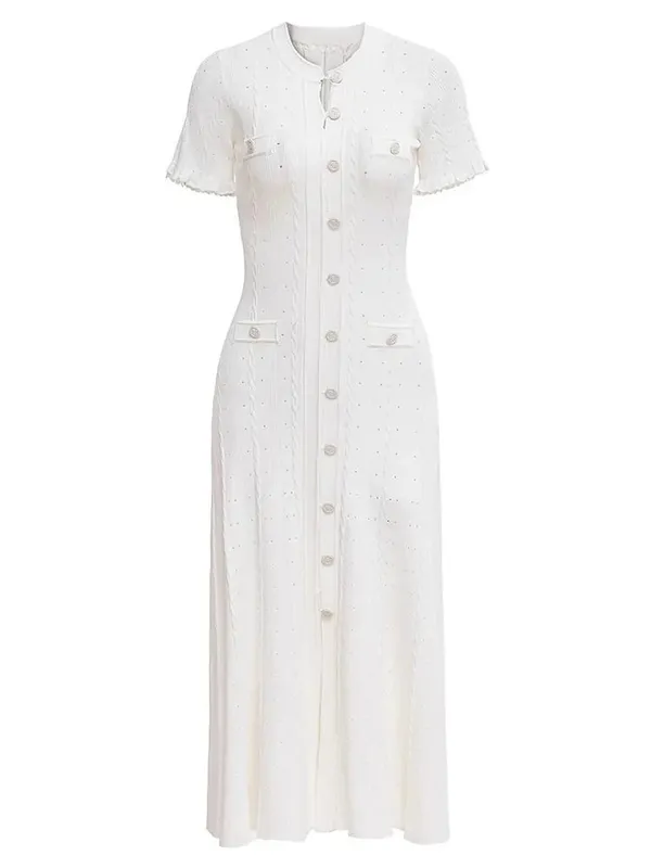 French Style Knitted Long Dress round Neck Hollow out Wooden Edge Skirt Elegant Autumn Luxury Women's Fashion One Piece Dress