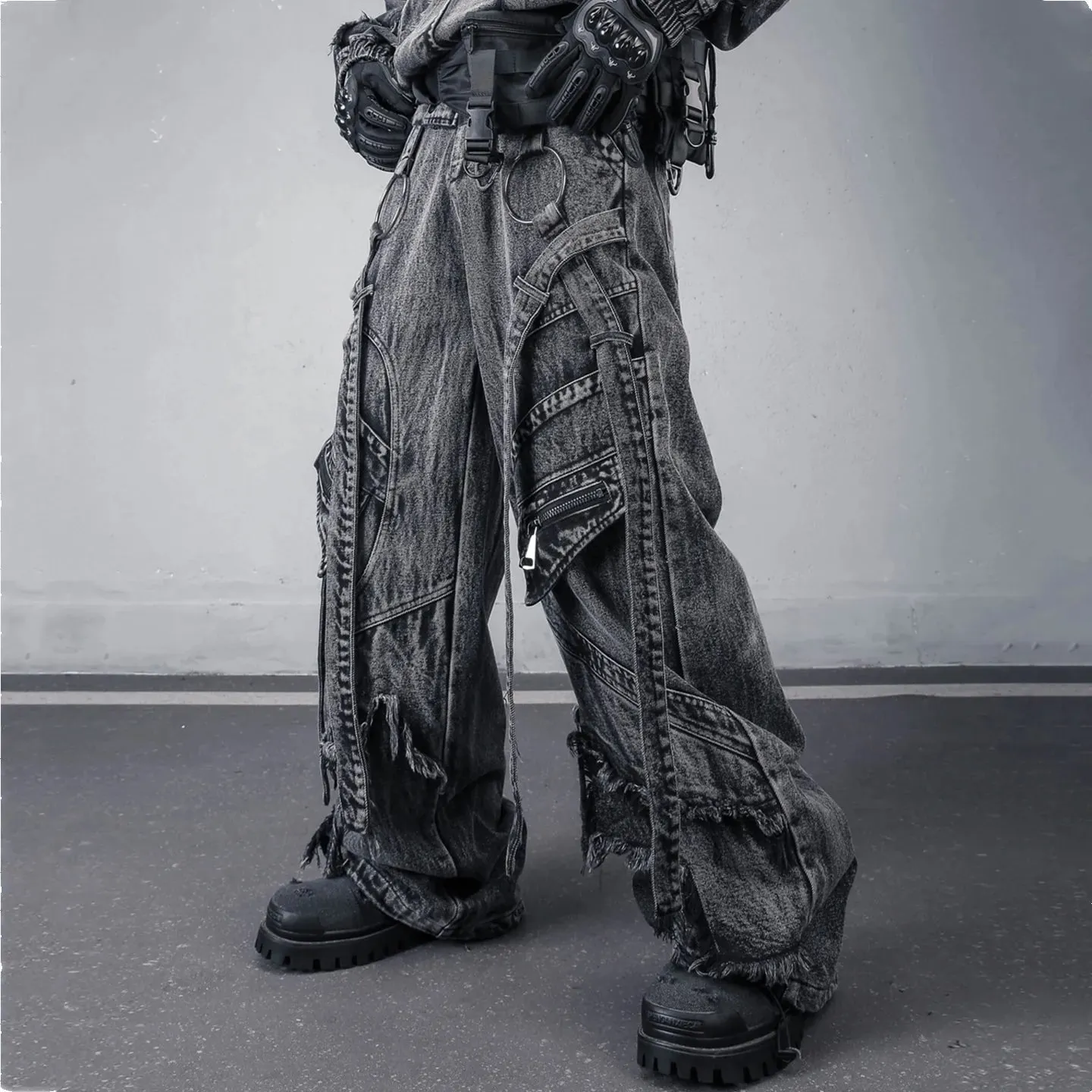 Deconstructed Dây Rửa Sạch Vintage Hàng Hóa Quần Jean Người Phụ Nữ Techwear Đất Hoang Phong Cách Ống Rộng Chiến Thuật Quần Baggy Dạo Phố