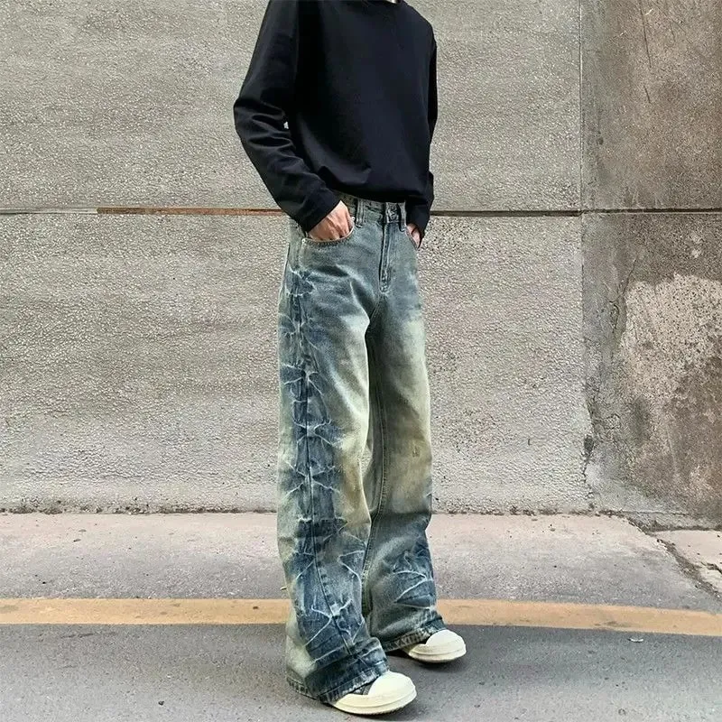 Men's Side Crease Design Straight Jeans Spring Street Sweatpants Boys Trousers Male High Waist Wide-leg Denim Pants