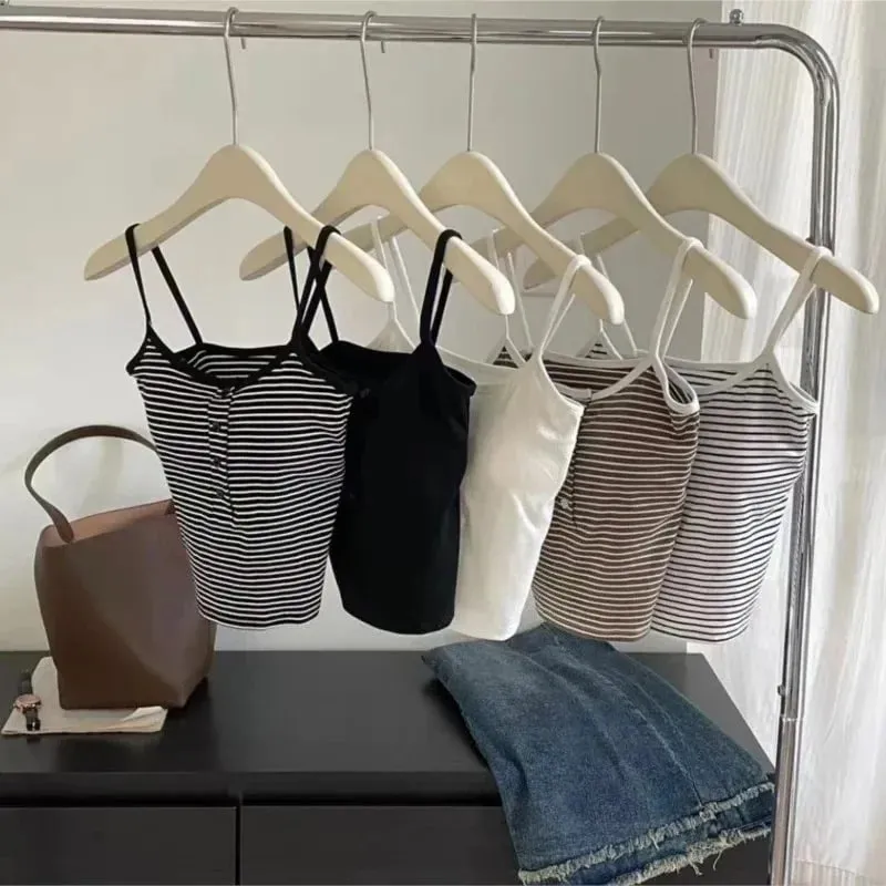 Integrated Stripe Women's Vest Inner Wear Outer Wear Button Fixed Cup No Bra Sports Top Short Style Cotton 100% Short Vest