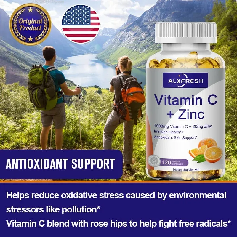 Alxfresh Vitamin C 1000 mg mit Zink 20 mg | Vitamin-Nahrungsergänzungsmittel | GVO-frei und glutenfrei, vegan | für Caps zur Immununterstützung
