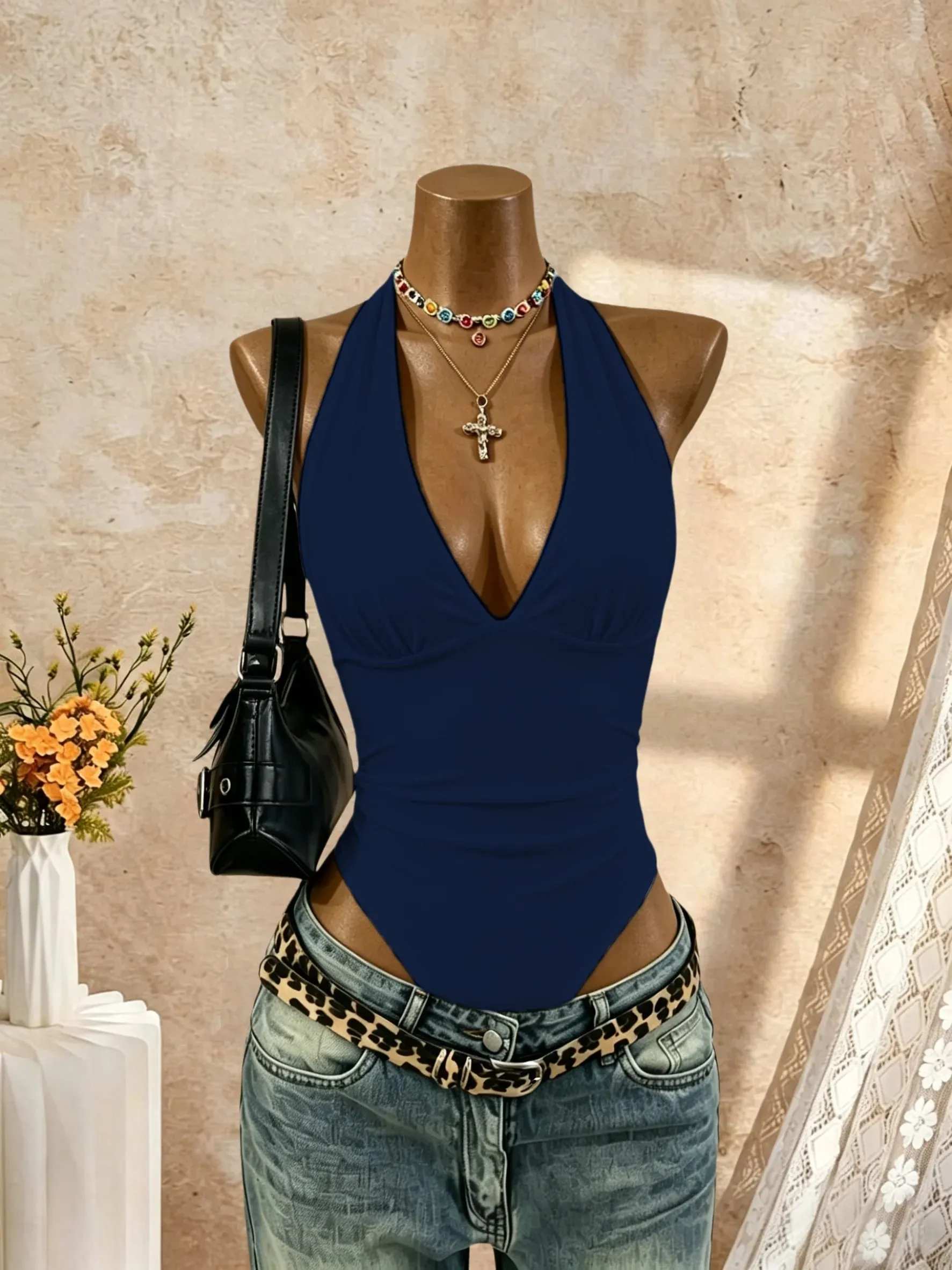 Women Halter Deep V Neck Ruched Slim Fit High Cut Bodysuit 2026 Summer Y2K Streetwear Sleeveless Tank Top — image 6
