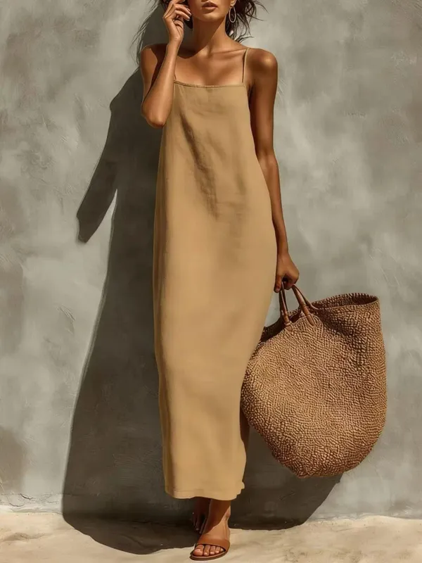 Summer Women Solid Color Casual Comfortable Slip Sundress Sand Beachwear Backless Sleeveless Loose Maxi Long Vacation Dresses