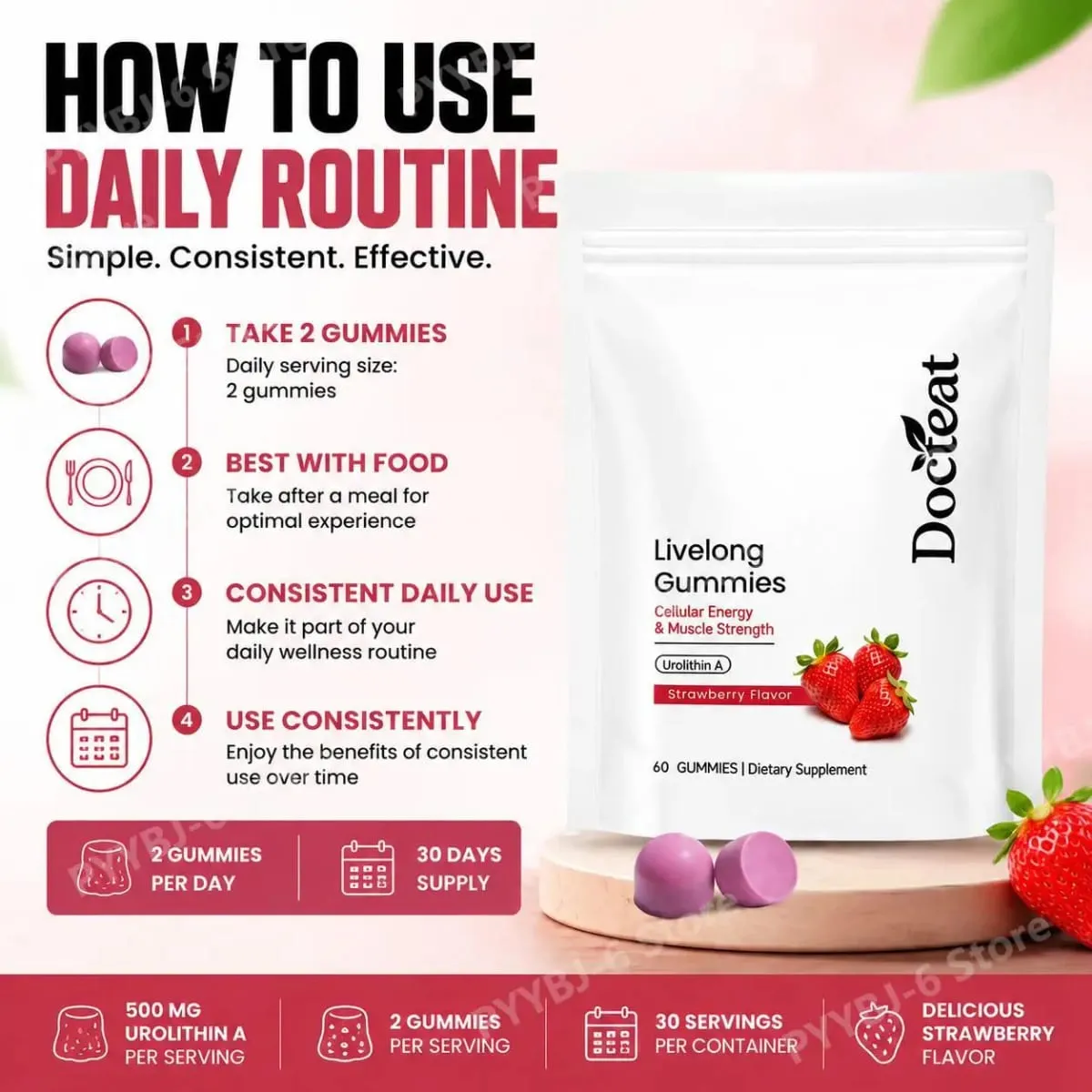 Docteat Urolithin A Gummies Muscle Vitality Support Cellular Energy Mitochondrial Health Daily Wellness Supplement 60 Gummies