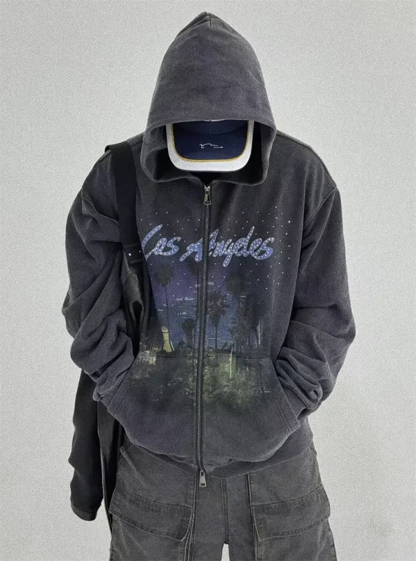 False Rhinestone Starry Sky Pattern Print Washed Zipper Loose Hoodie Street Casual Cotton Versatile Sports Trendy Sweatshirt