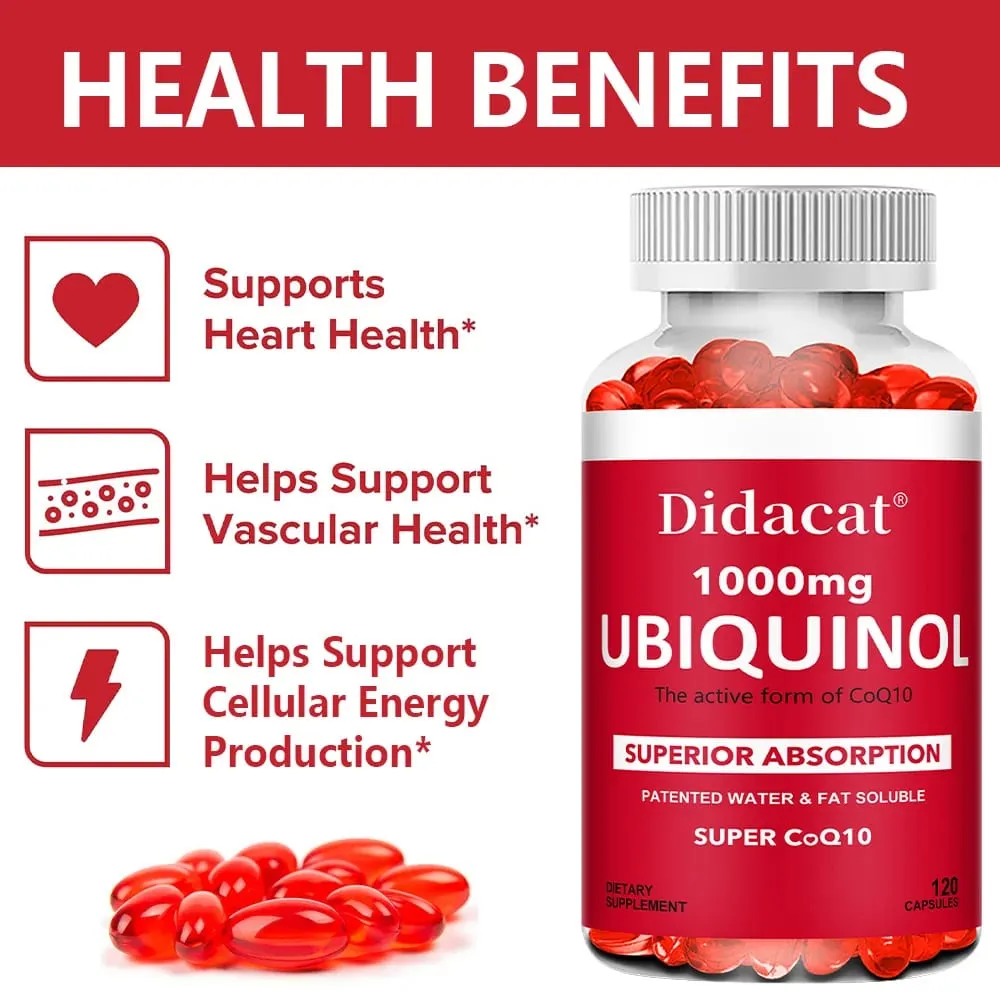 Ubiquinol CoQ10 Vegetable Softgels 1000mg Natural Antioxidant Supplement Cardiovascular Skin & Energy Wellness Support