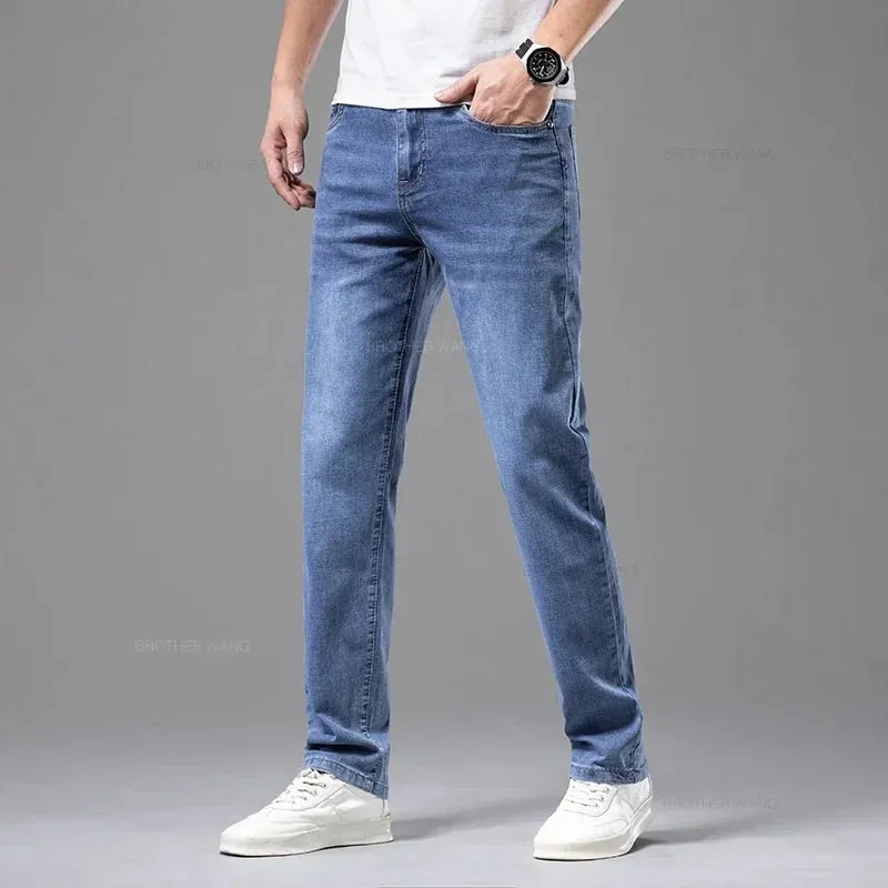 Celana Jeans Melar Katun Ringan Lurus Cocok untuk Pria Merek Musim Panas Celana Pria Jeans Abu-abu Muda Tipis Pinggang Tinggi Kasual Bisnis — image 4