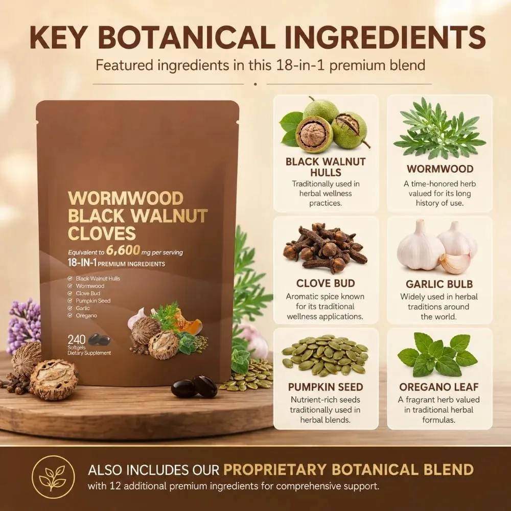 Wormwood Black Walnut Cloves 6600mg 18 In 1 Herbal Softgels Detox Digestive Health Gut Support Pumpkin Seed Garlic Oregano 240
