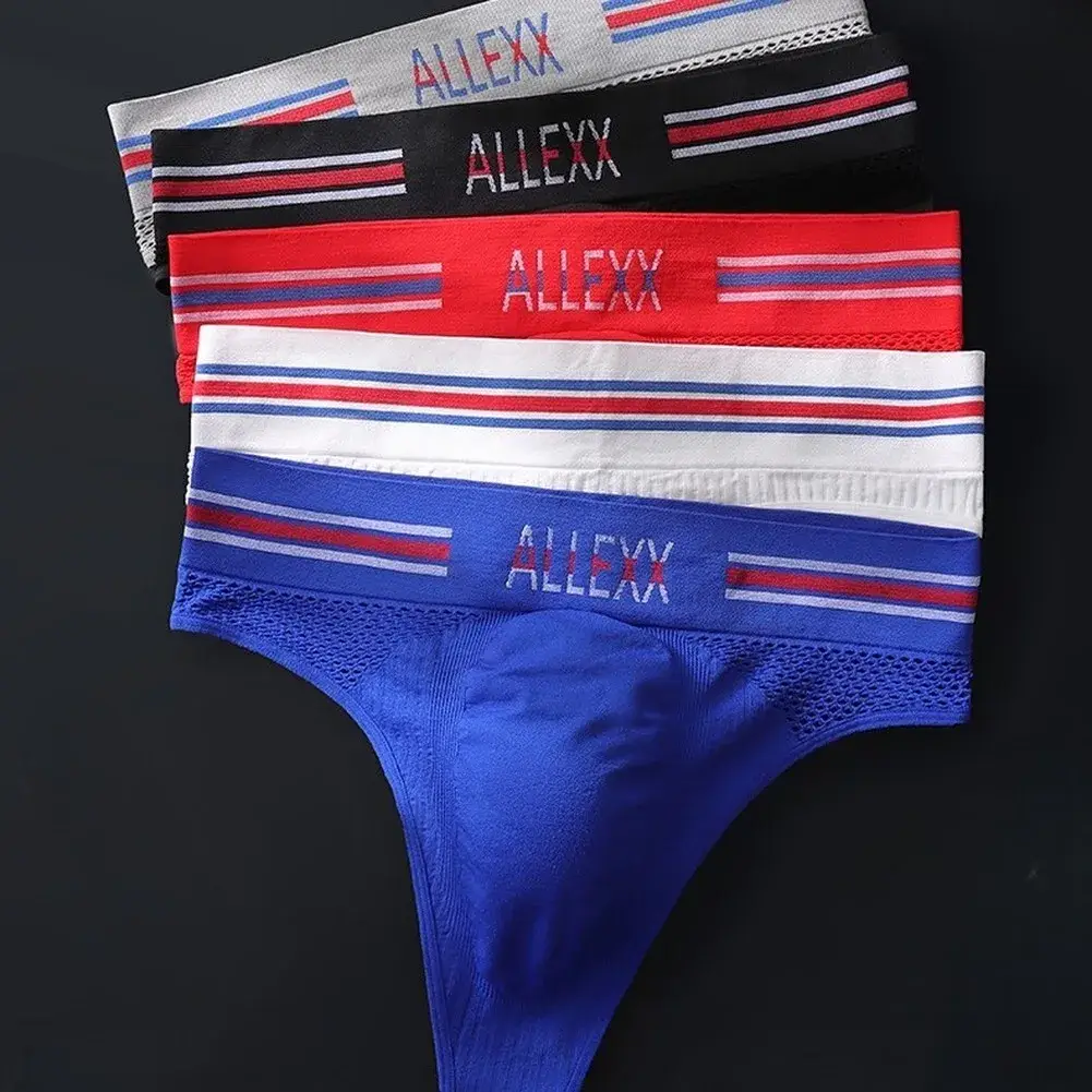 1pc Men's G-String Underwear 3D Bulge Pouch Striped Letter Printing Briefs Elastic Mesh Breathable Comfortable Thongs — image 6