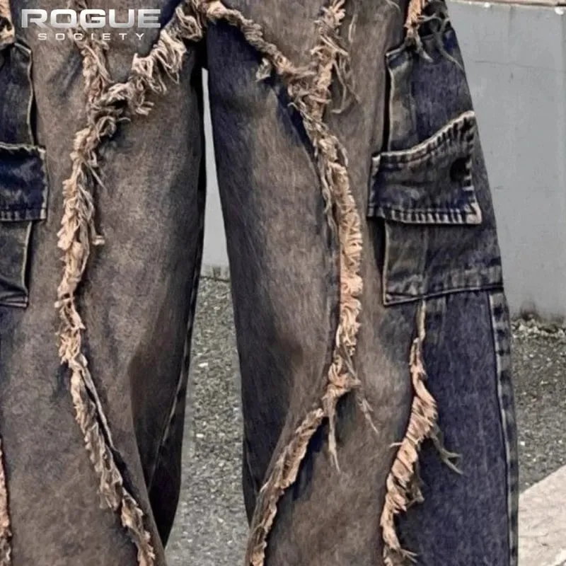 Y2K Grunge Deconstructed Distressed Jeans Unisex Patchwork Washed Wide Leg Denim Pants Hip Hop Streetwear Harajuku Punk Trousers — image 6