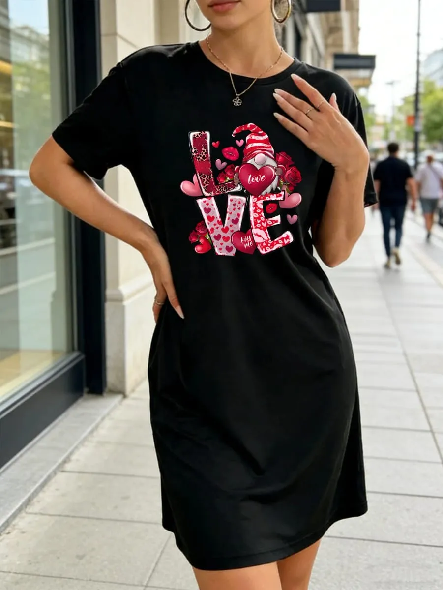 Women's Stylish Casual Plus-Size Design Heart-Shaped and Letter Print T-Shirt Dress - Casual Round Neck Stretch Fabric Machine — image 4