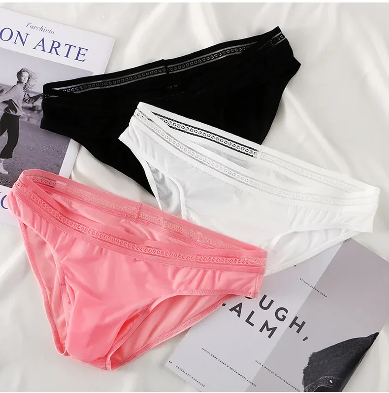 New Men's Ice Silk Briefs Ultra-thin Quick Dry High Elastic Lace Waistband Panties Sexy Seamless Breathable Bikini Underwear
