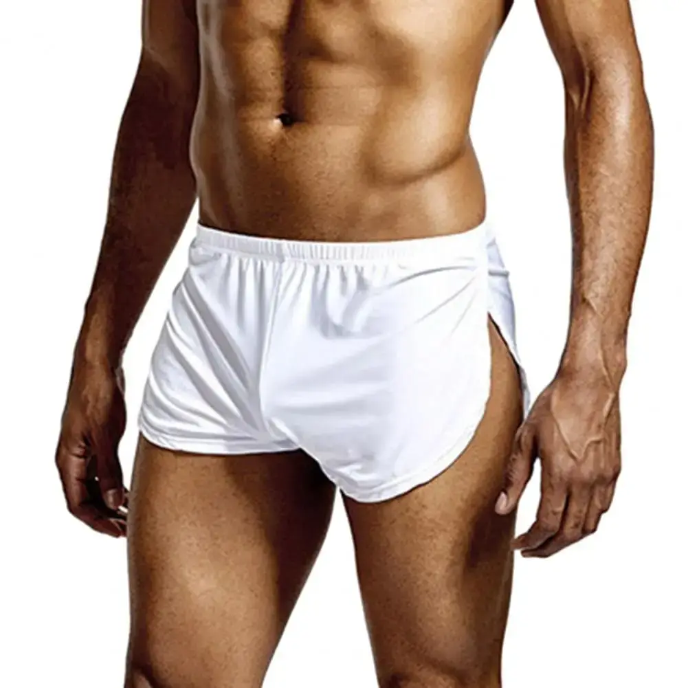 Men Solid Color Breathable Low-rise Shorts Panties Elastic Waist Side Split Ice Silk Lounge Shorts Underpants Sleepwear
