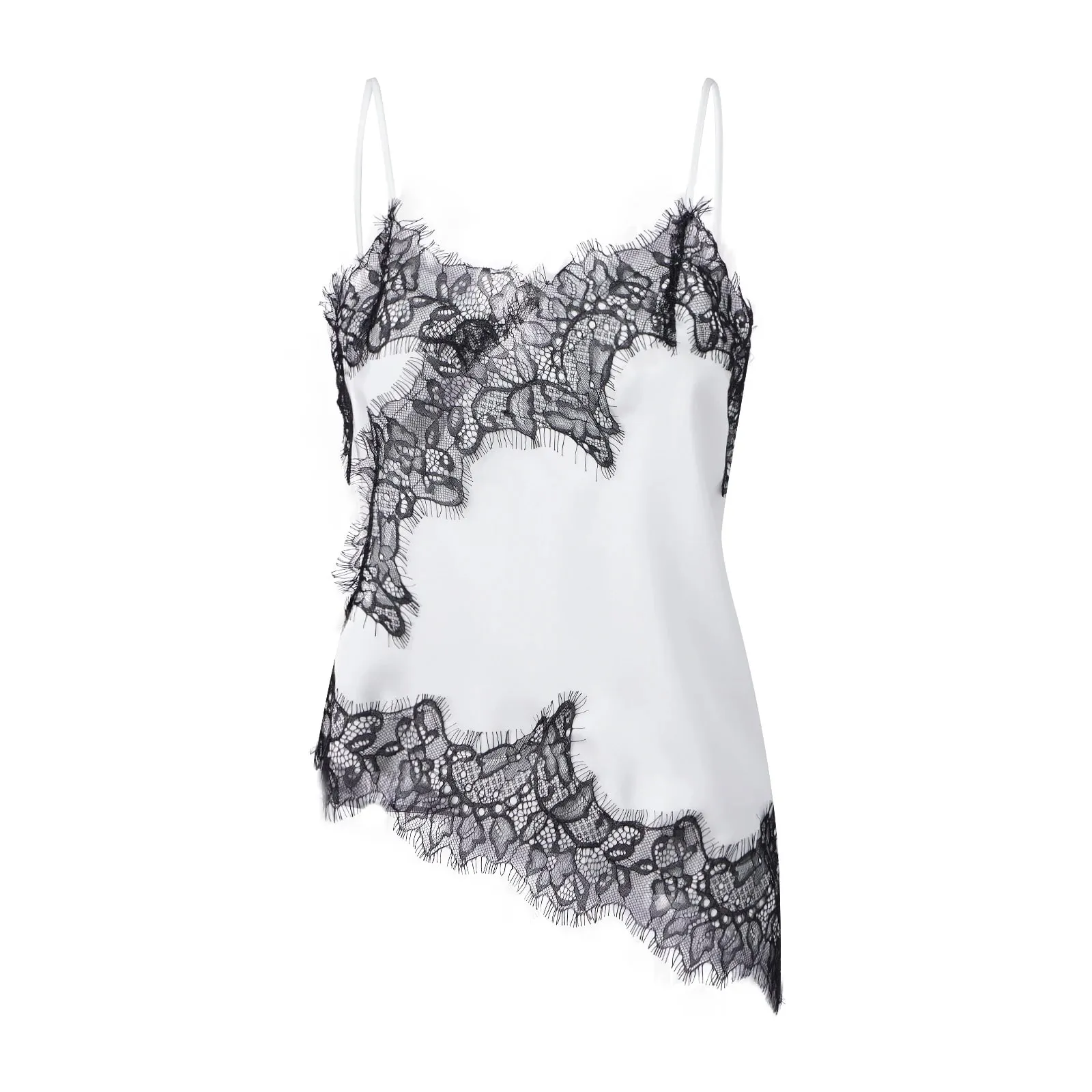 Combhasaki Women Floral Lace Trim Satin High Low Vest Silk Spaghetti Strap Side Split Asymmetrical Cami Flowy Silky Layering Top — image 19