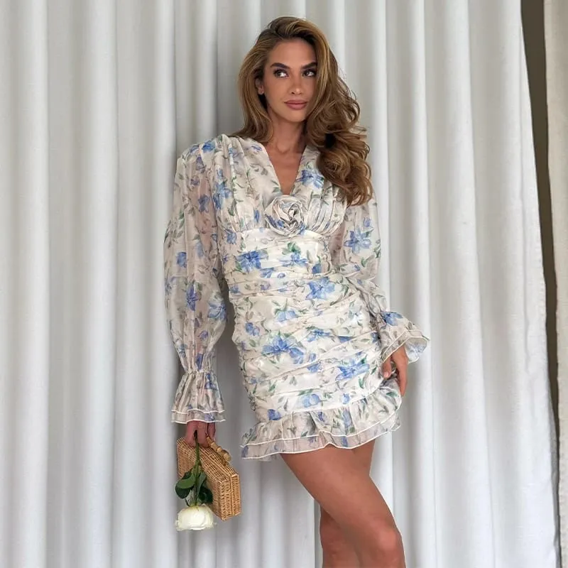 Floral Print Side Split V-Neck Mini Dresses Slim Fitwaist Cinching Puff Sleeve 2026 Summer Elegant Women Party Sweet Vestidos