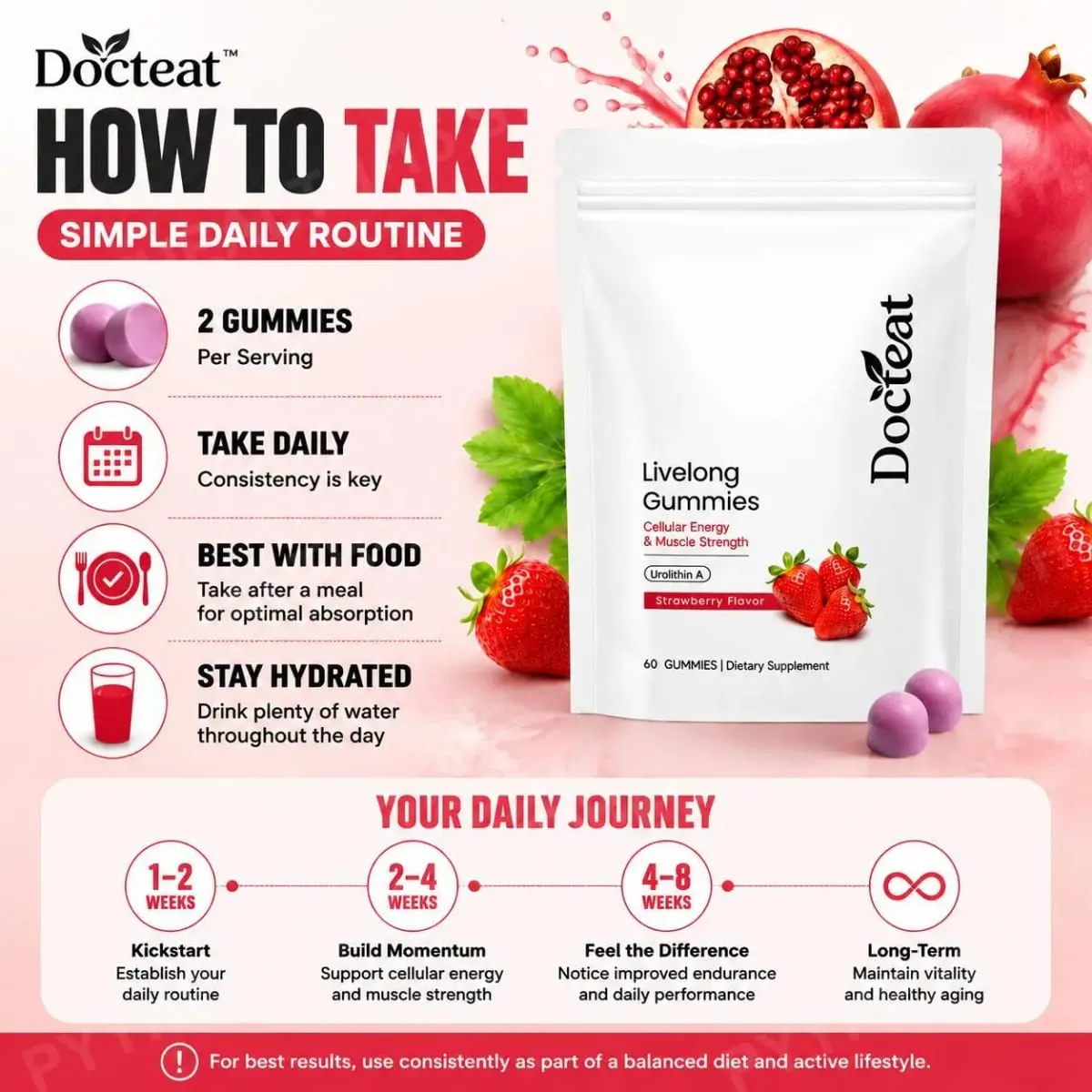 Docteat Urolithin A Gummies 500mg setiap Hidangan Perisa Strawberi Sokongan Kesihatan Selular Harian 60 Gummies untuk Lelaki Wanita — image 5