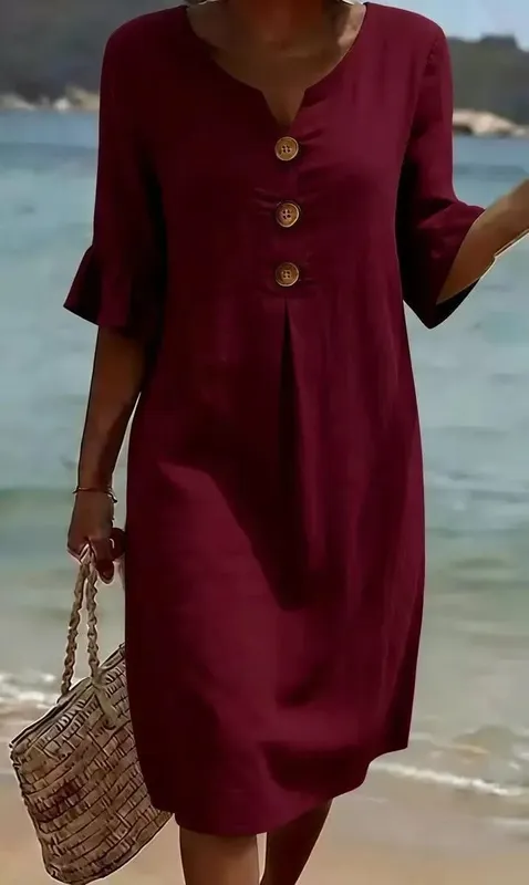 2026 Amazon European and American Cross-Border Spring and Summer New Cotton and Linen V-Neck Dress with Large Buttons and Ruffle — image 5