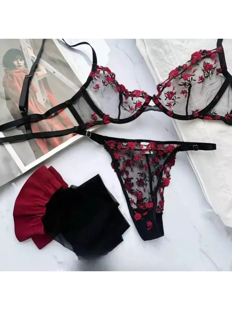 French Elegant Lingerie Set-Floral Embroidery Semi-Transparent Bra & Brief Black Sensual Women's Underwear Luxury Intimates