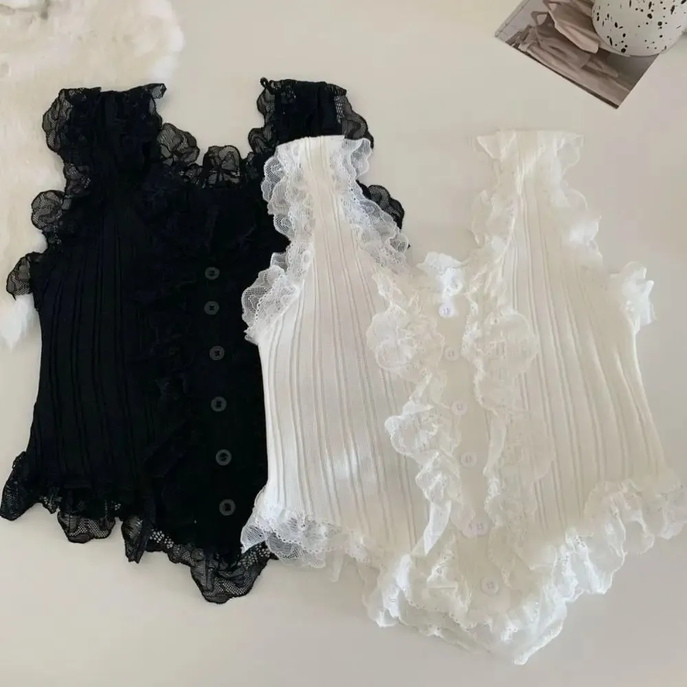 Cute Y2k Lace Knitted Crop Top Tank Korean Style Women's Knit Vest Top Undershirt Sweet Sleeveless Camisole Summer