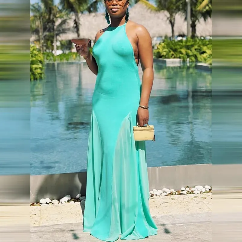 Women's Halter Neck Open Back Maxi Dress Ribbed Knit Top Flowy Chiffon Hem Bodycon Female Summer Evening Vacation Party Dress — image 5