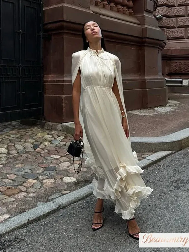 Solid Multi-layer Ruffled Maxi Dress Women's Elegant Sleeveless Off-shoulder High Waist Dresses 2026 Vacation Female Clothing — image 4