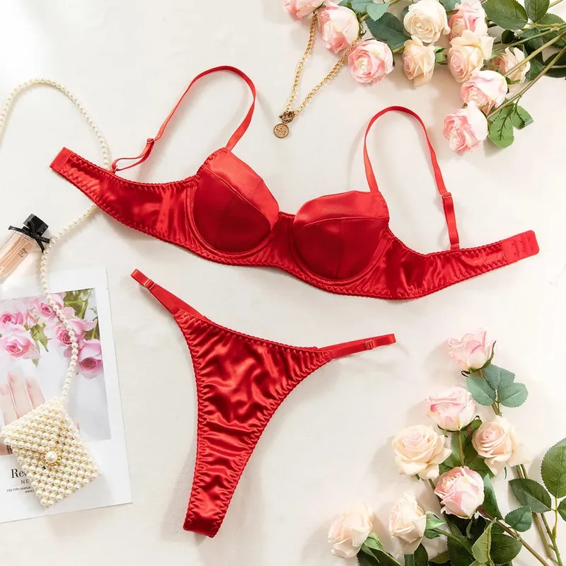 Sexy Luxury Solid Satin Thin Lingerie Girl's Sweet Gathering Bra & Thong Set Female New Fashion Elegant Underwear Daily Life — image 10