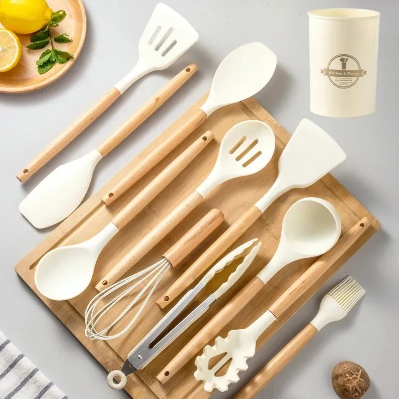 2/12Pcs White Silicone Kitchen Utensils Set with Wooden Handle Cookware Spatula Heat Resistant Non-stick Kitchen Cooking Tools — image 1