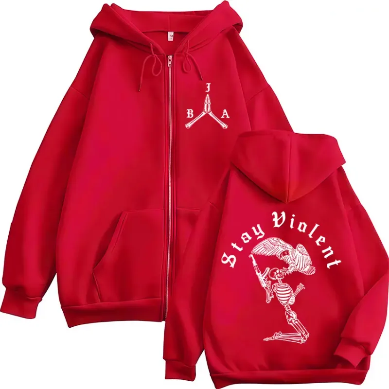 Stay Violent Brothers in Arms Skeleton Printed Zipper Hoodies Men Women Zip Up Hooded Sweatshirts Vintage Pullovers Jackets Coat — image 5