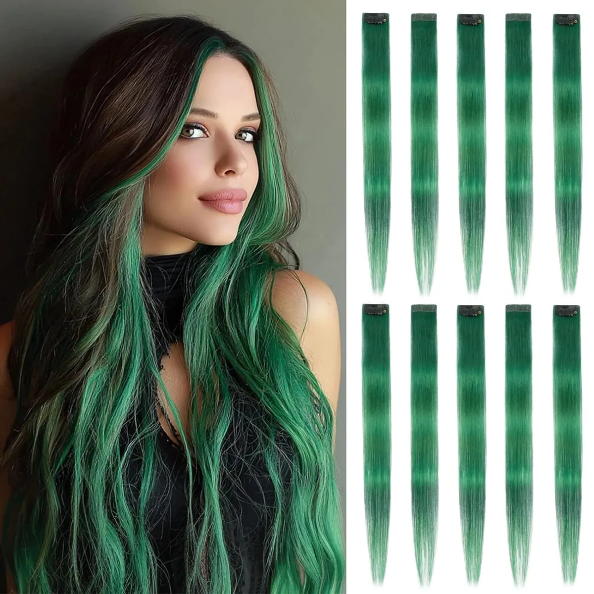 2 Pcs Green Hair Extensions 16Inches Straight Colored Hair Colorful Clip in Extensions Highlight Party for Girls and Women Gift