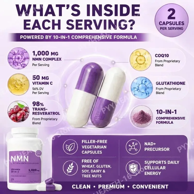 NMN Capsules 1000mg Complex with Resveratrol CoQ10 Glutathione & TMG for Daily Cellular Energy Support Non-GMO 120 Capsules