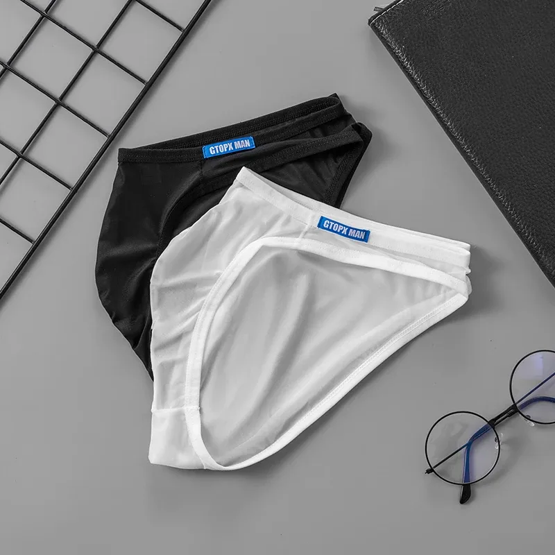 Men's Sexy Underwear Thin Ice Silk Translucent Briefs U Pouch Ropa Interior Hombre Male Panties
