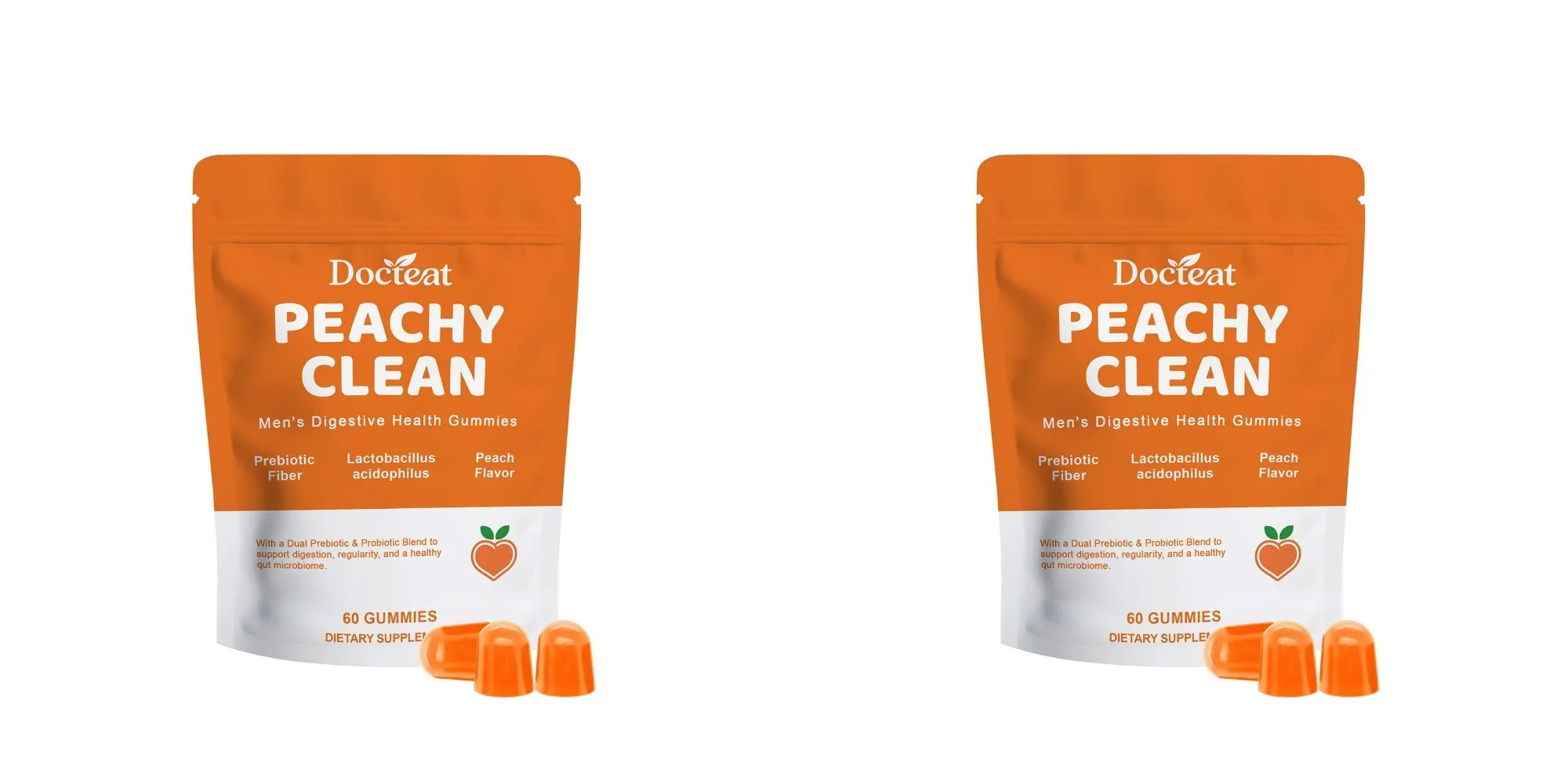 Docteat Peachy Clean Men's Digestive Health Gummies Prebiotic & Probiotic Blend Peach Flavor 60 Gummies Dietary Supplement