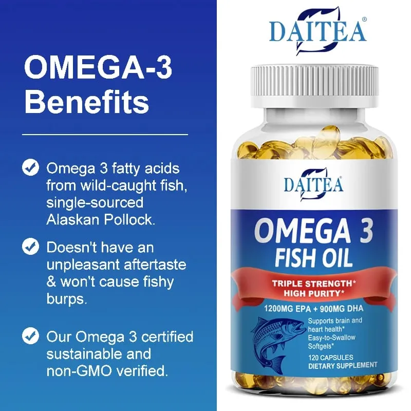 Daitea Triple Strength Omega 3 Fish Oil - Fish Oil Supplement with EPA & DHA Fatty Acids Premium Wild Caught 30/60/120 Capsules