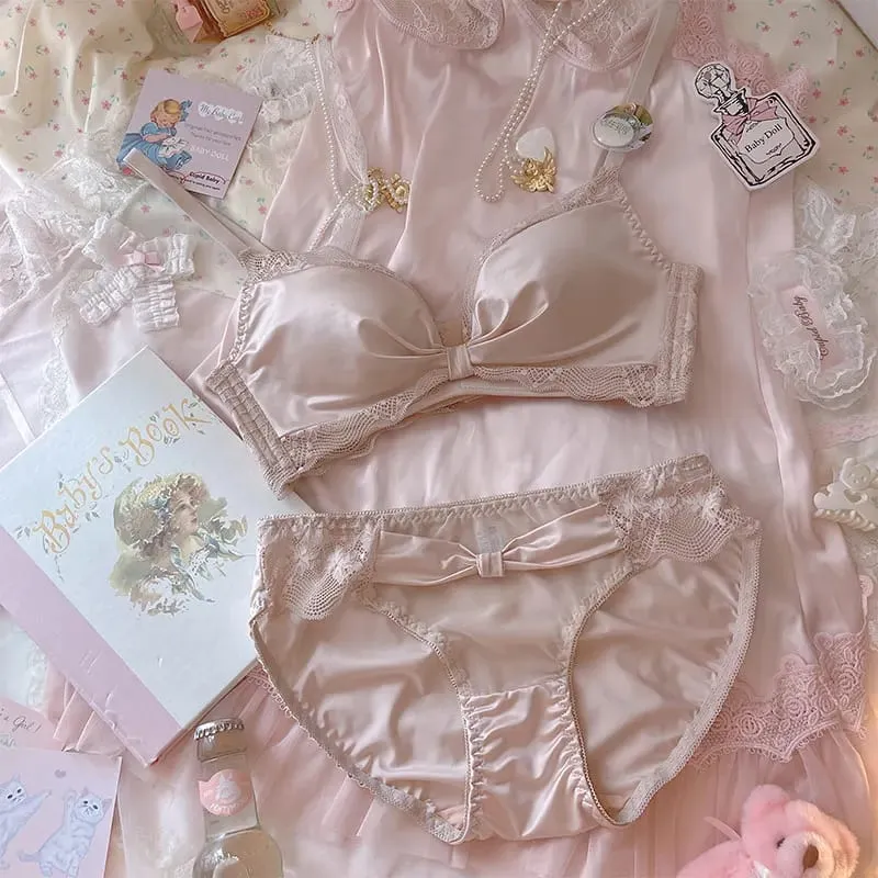 粉紅公主加厚小胸大內褲女聚攏莫代爾乳膠內衣內褲套裝蝴蝶結無鋼圈胸罩套裝