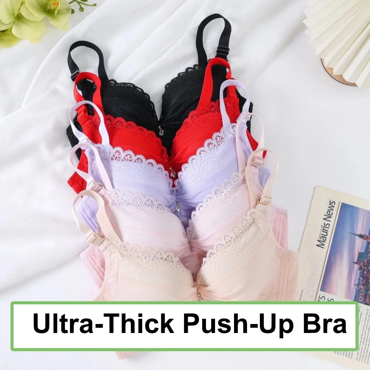 Ultra-Thick 8cm Push up Bra Lace Gathered Wireless Full Coverage Lingerie Side Support for A/B Cup Women