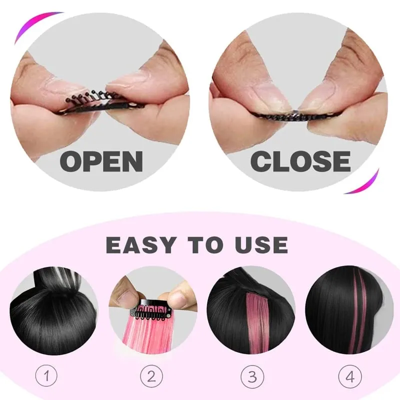 10Pcs Pink Clip in Hair Extensions Party Highlights Wig Synthetic Colored Straight Hairpiece for Girls Kids Christmas Party Use