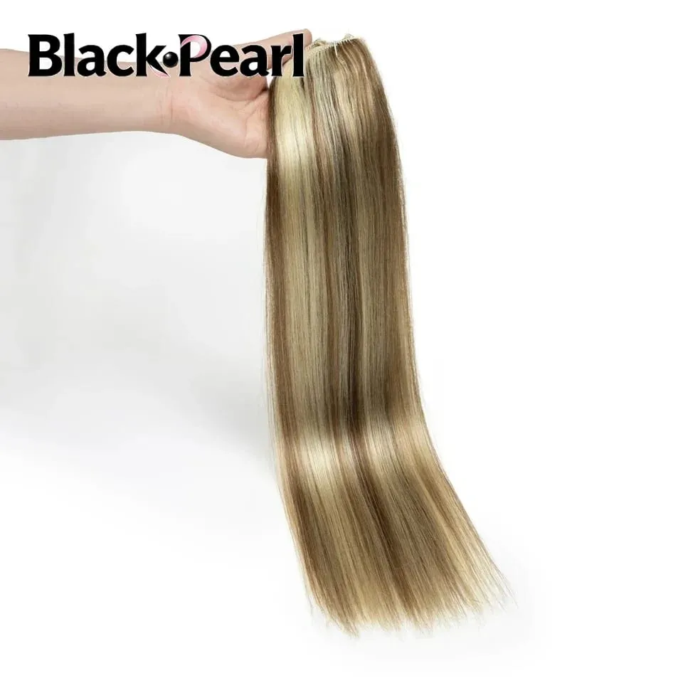 7PCS Double Weft Balayage Clip in Human Hair Extensions Light Brown to Bleach Blonde Ombre Remy Natural Straight Seamless for Wo