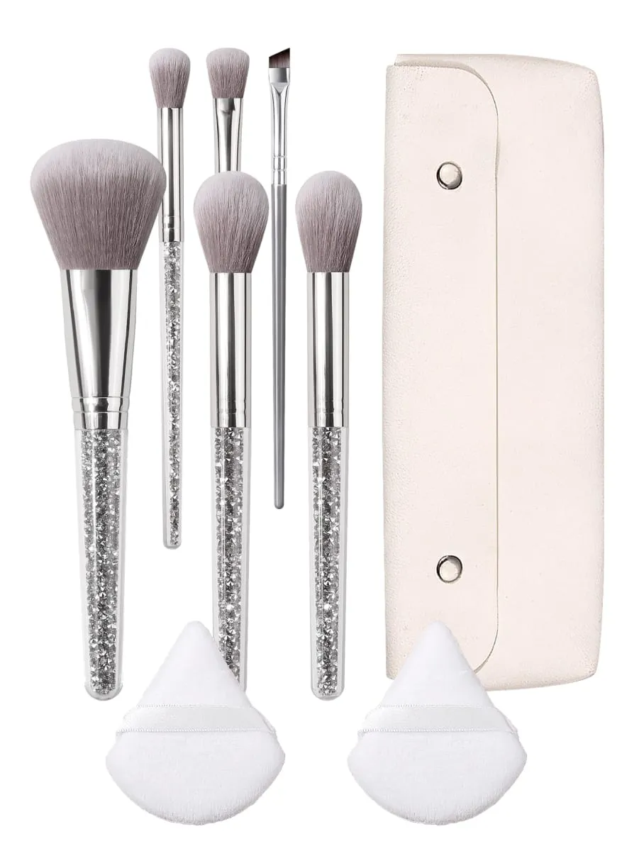 9Pcs Glitter Handle Makeup Brushes Set with Triangle Powder Puff Portable Storage Bag Foundation Blush Eyeshadow Blending Tools