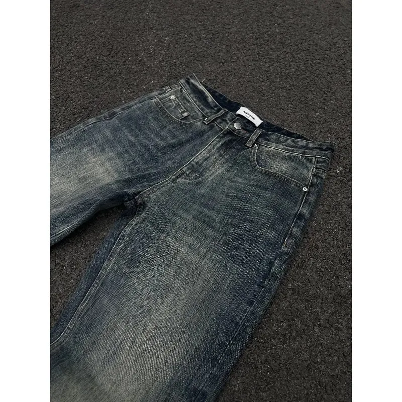 Washed Out Vintage High Waist Bootcut Jeans Loose Fit Japanese Style Sunset Gradient Dye Straight Leg Denim Pants