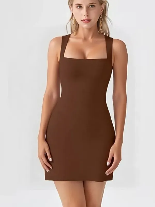 Summer Elegant Solid Color Simple Square Neck Sleeveless Short Dressest New Fashion Versatile Casual Women's Slim Basics Dress